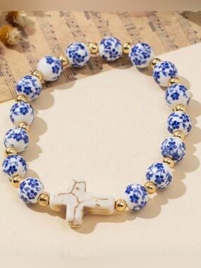 Elegant Blue & White Floral Bead Bracelet with Cross Accent